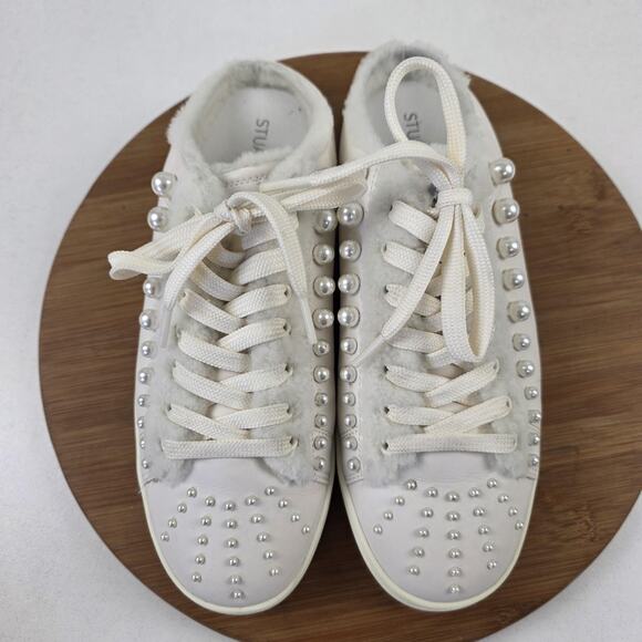 Stuart Weitzman Shoes‎ Womens Size 9 White Pearl Studded Faux Fur Mule Sneakers - Picture 5 of 16